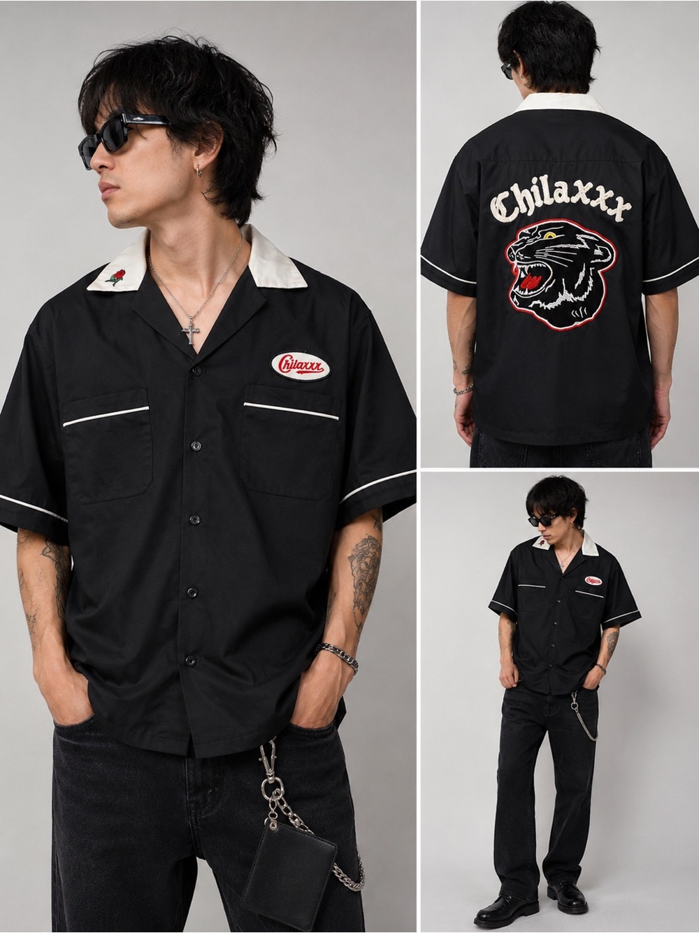 Chilaxxx XL Black Bowling Shirt Panther Embroidered Back Graphic Rockabilly